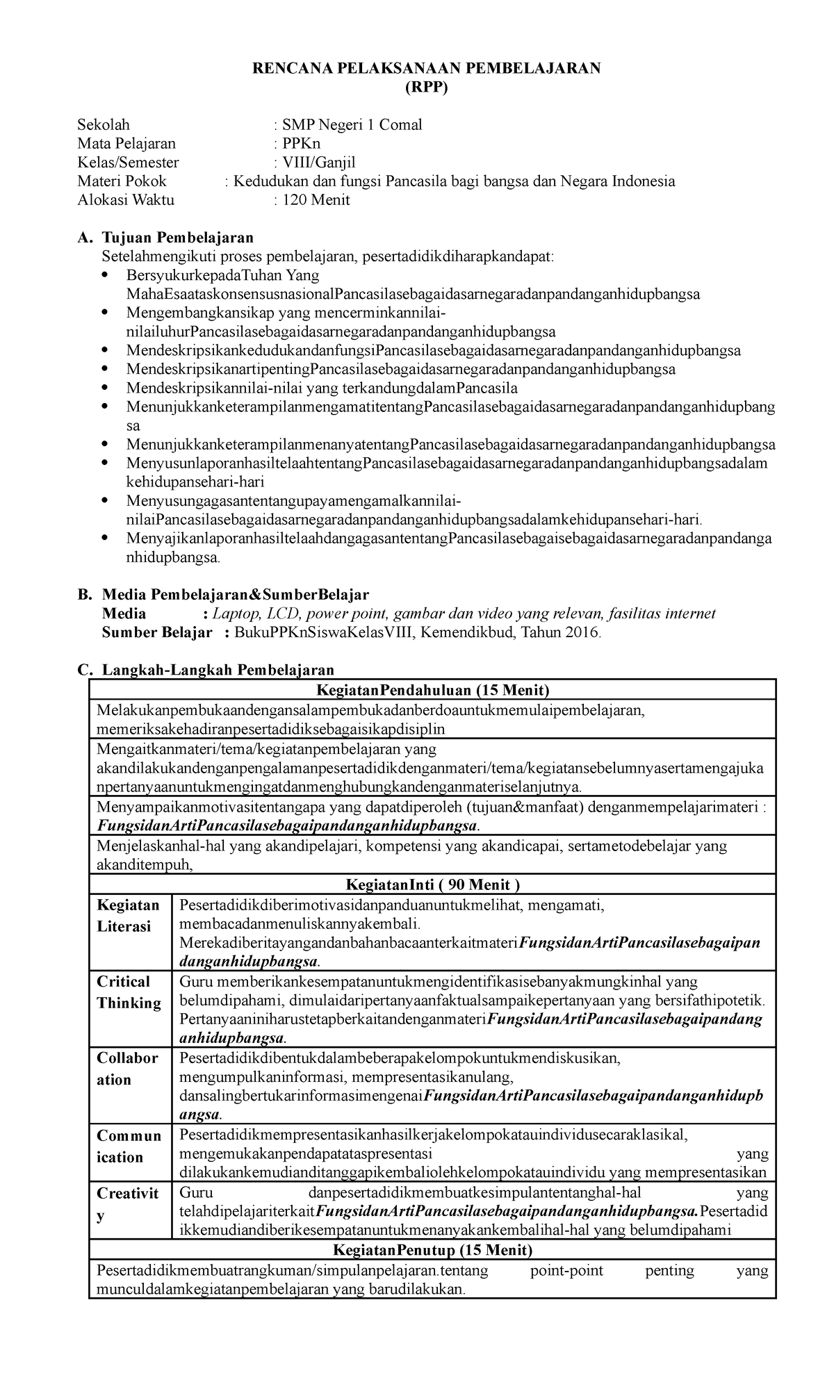 12. RPP 1 - Rpp - RENCANA PELAKSANAAN PEMBELAJARAN (RPP) Sekolah : SMP ...