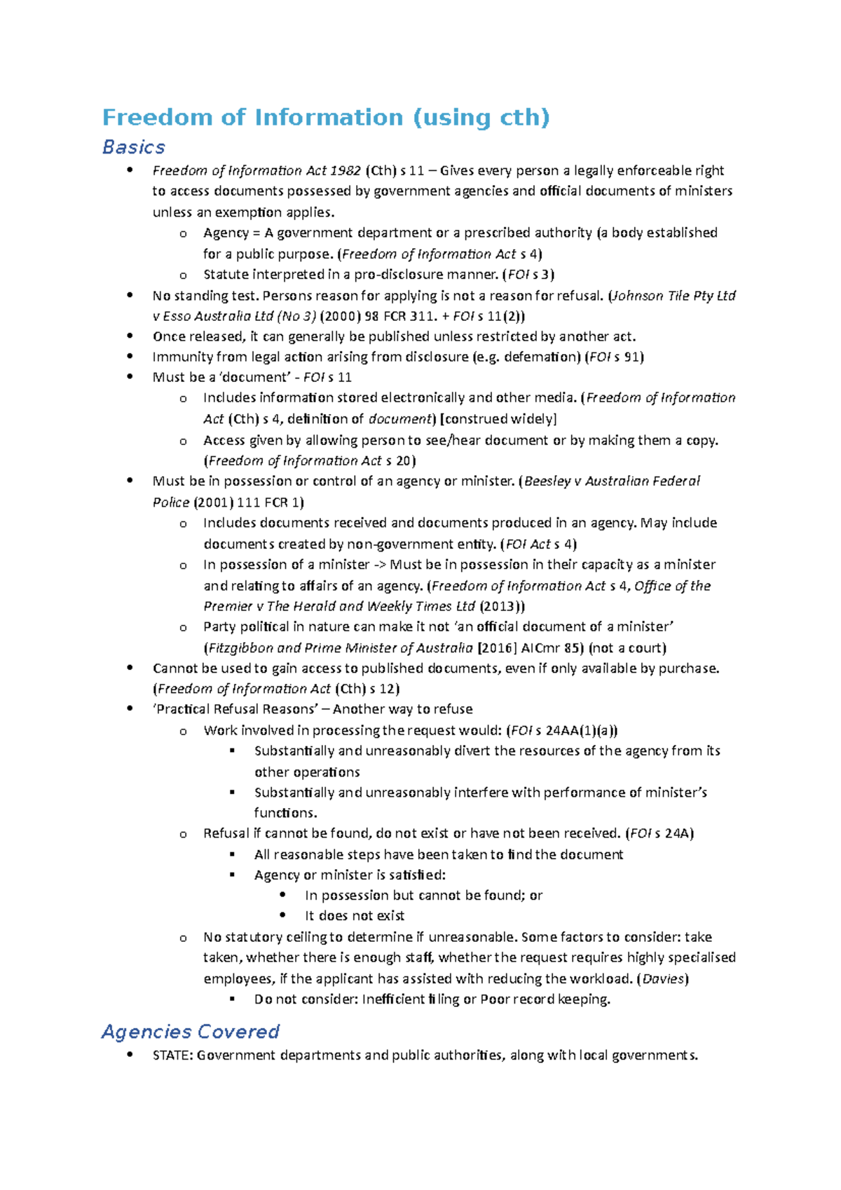 Admin Law FOI Summary Notes Freedom of Information (using cth) Basics