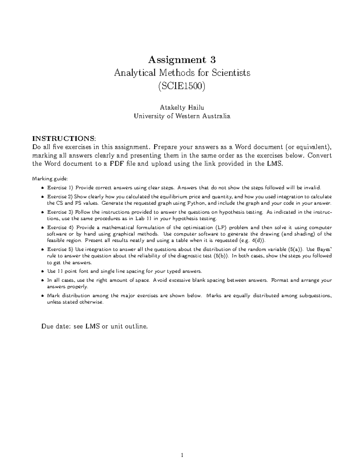 Assignment 3 SCIE1500 SEM 1 2024 - Assignment 3 Analytical Methods for ...
