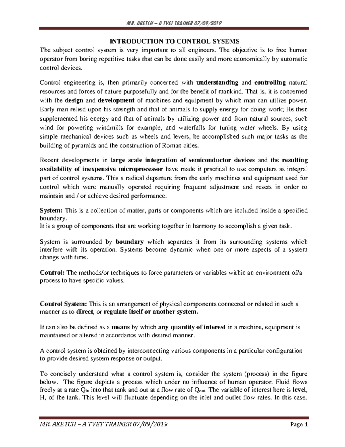 Control Systems- Introduction - INTRODUCTION TO CONTROL SYSEMS The ...