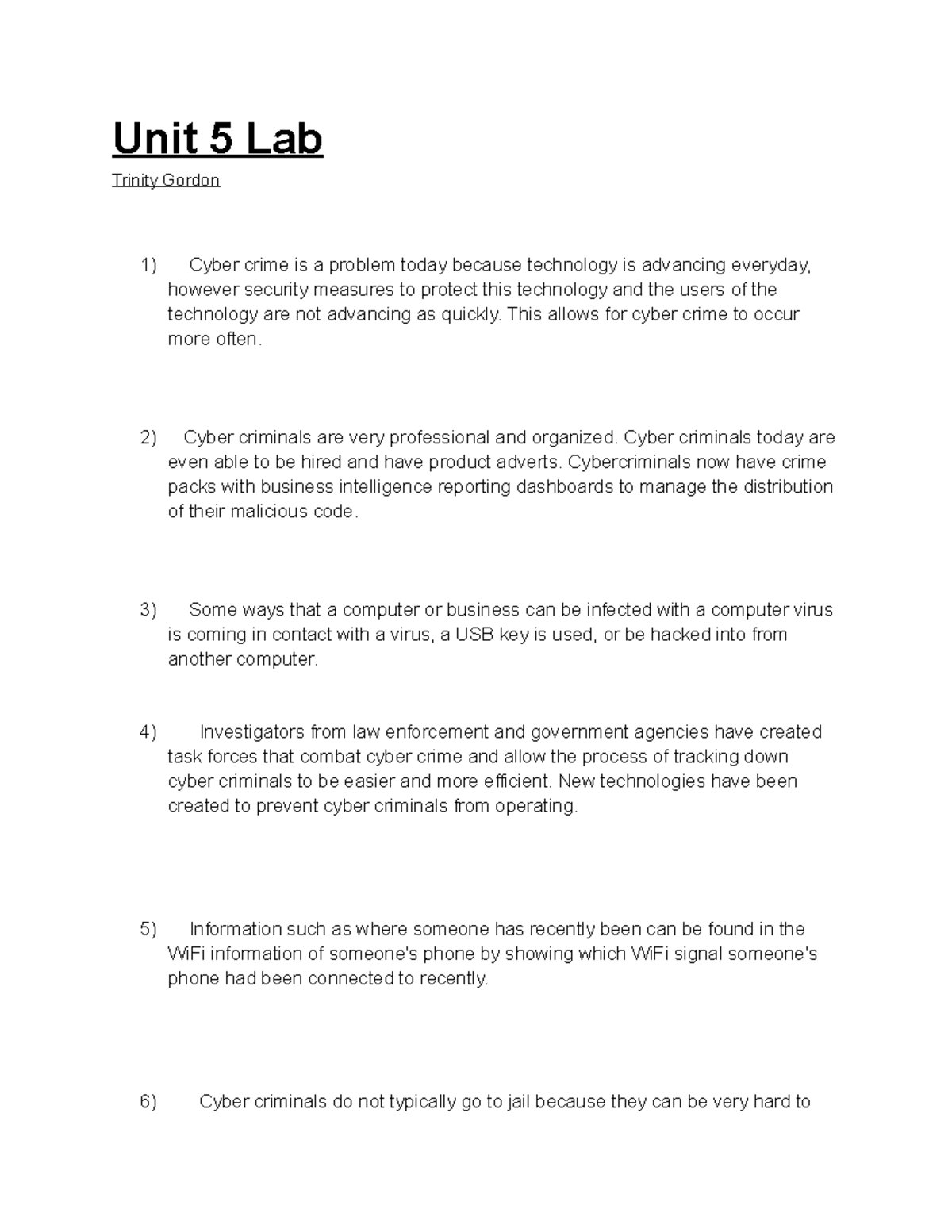 Unit 5 Lab - Hopefully it helps - Unit 5 Lab Trinity Gordon Cyber crime ...