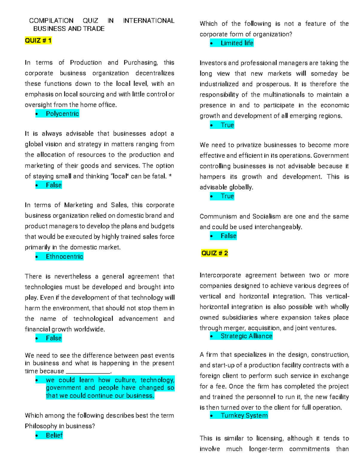 Compilation QUIZ IN International Business AND Trade - COMPILATION QUIZ ...