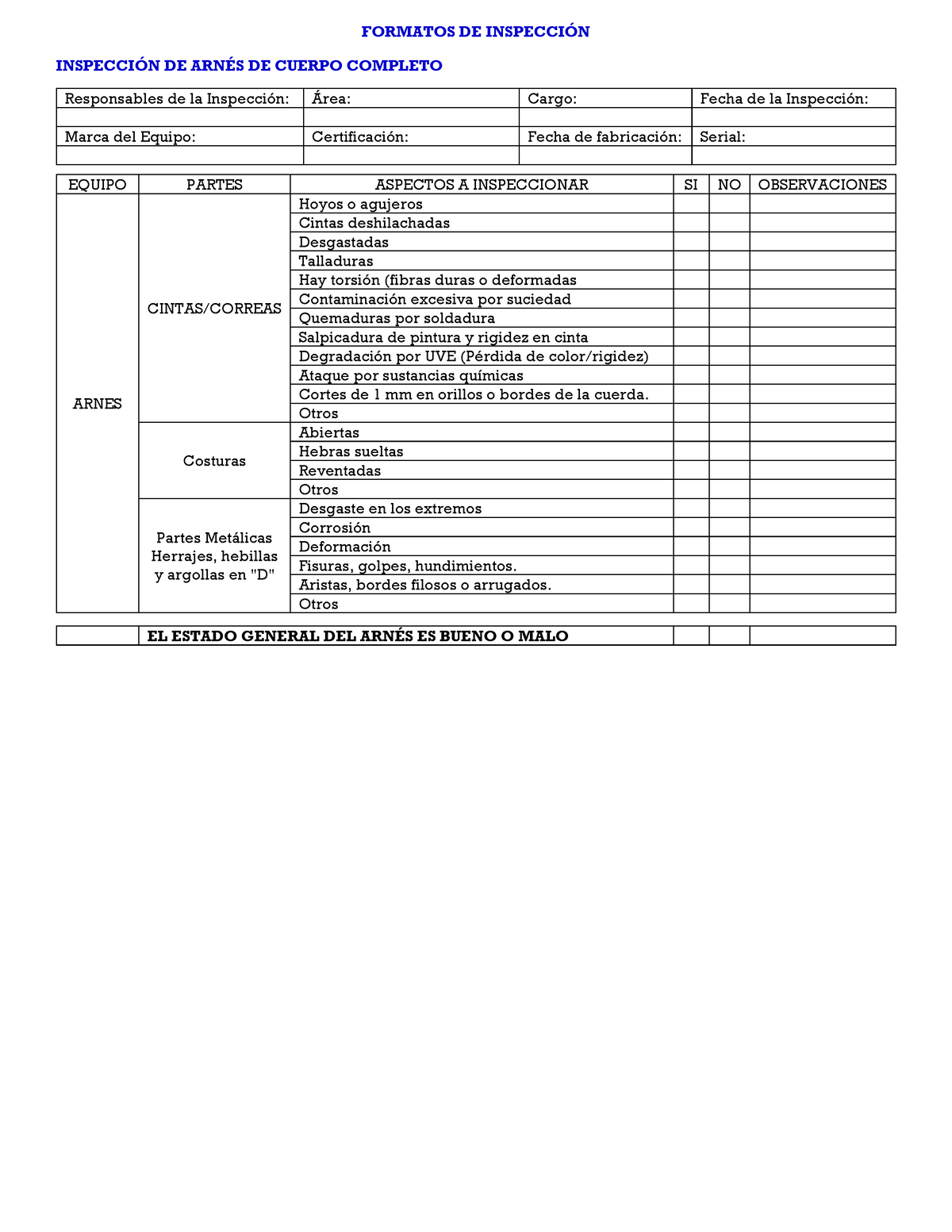 Formatos DE Inspeccion DE Equipos PARA Trabajos EN Alturas - FORMATOS ...