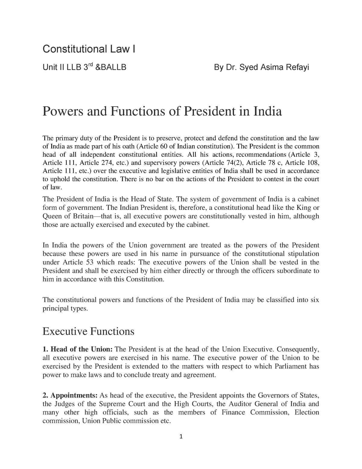 powers-and-functions-of-president-in-india-constitutional-law-i-unit