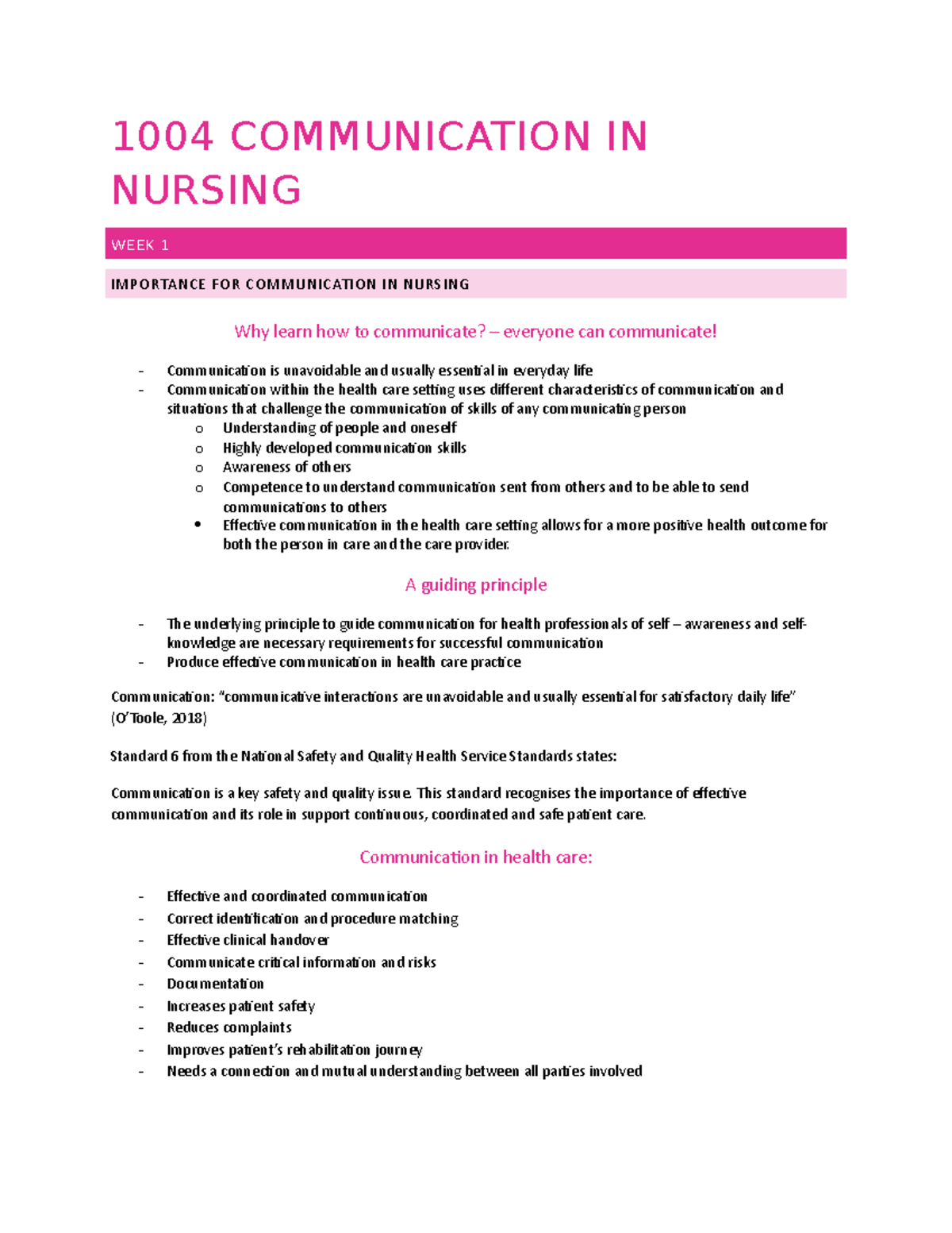 1004 communication in nursing - 1004 COMMUNICATION IN NURSING WE EK 1 I ...
