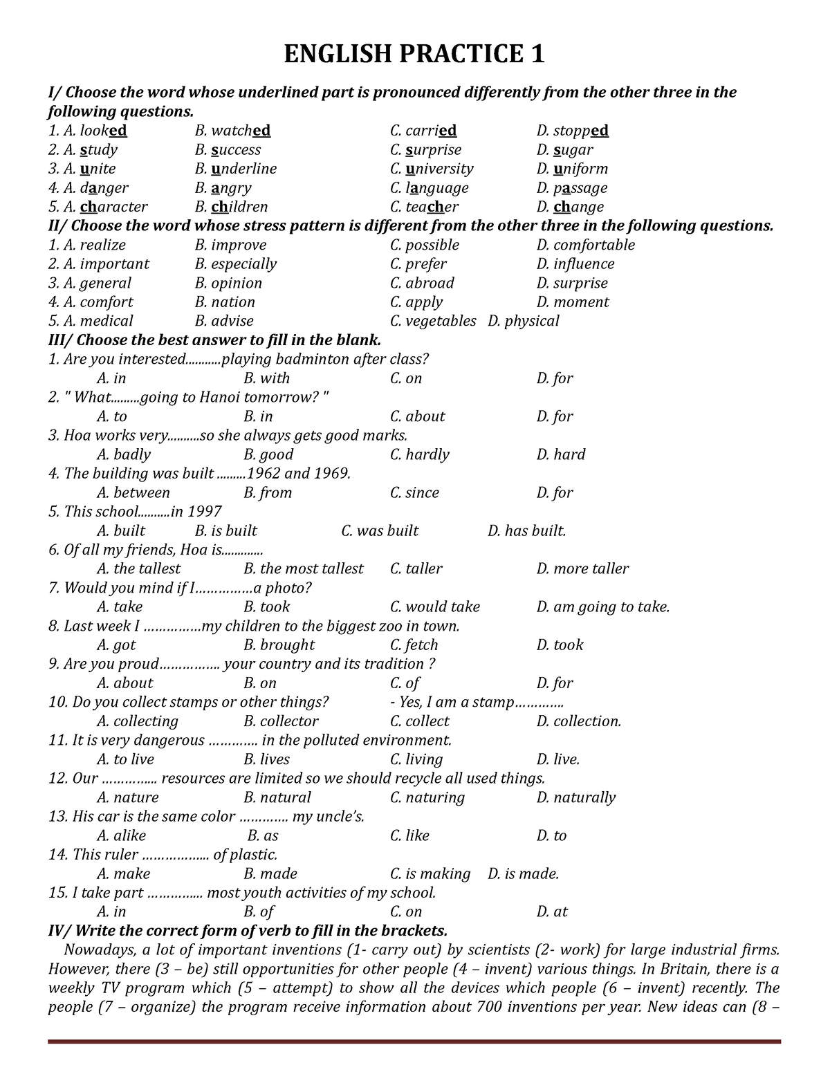 đề 1 1 - Bai Tap Tieng Anh Lop 6 - ENGLISH PRACTICE 1 I/ Choose The ...