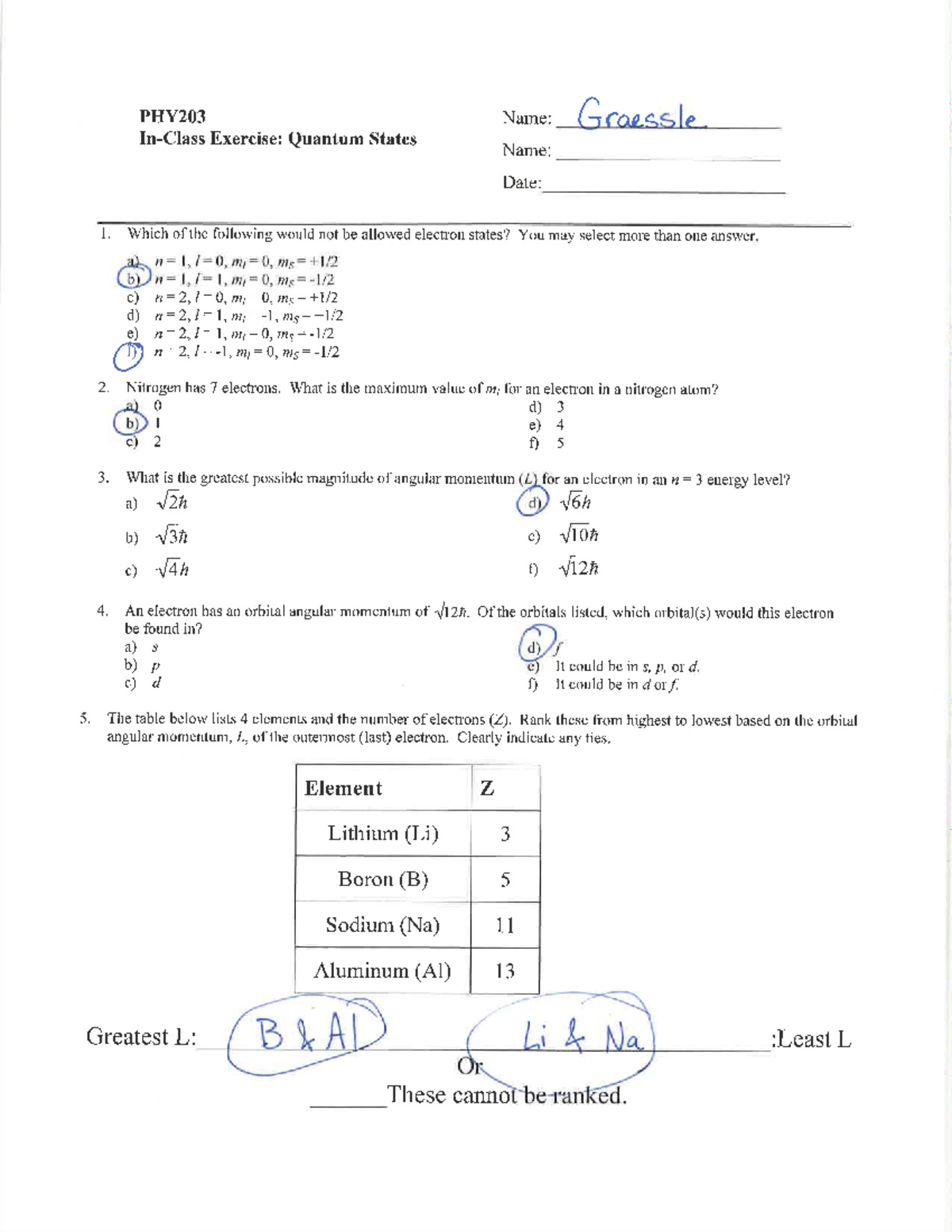 PHY203 Quantum and SR In Class Solutions - PHY203 Name: Graessle ...