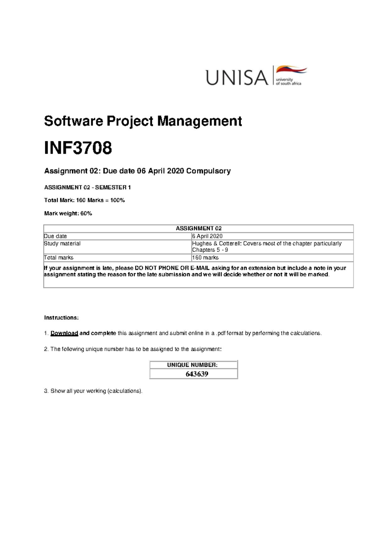 INF3708 Assignment 02 2020 S1 M - Software Project Management INF 3708 ...