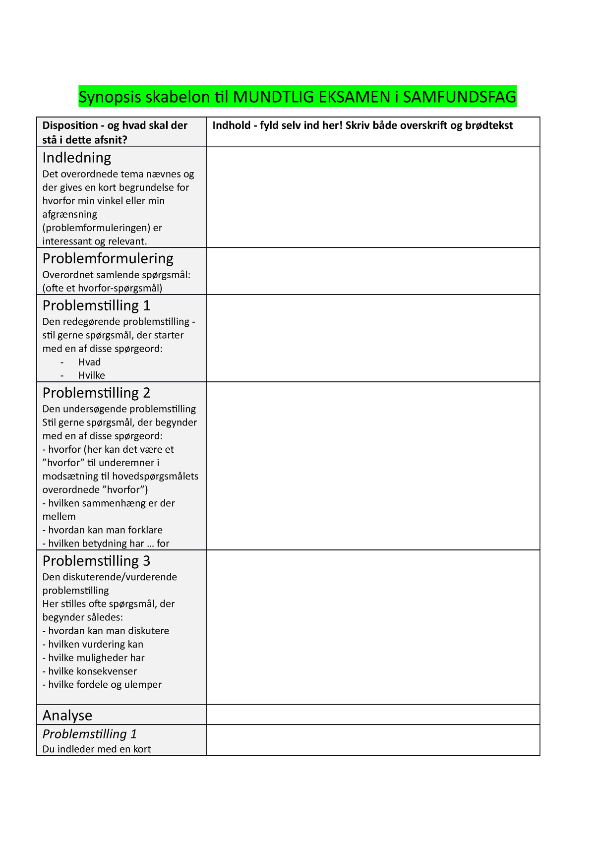 Synopsis Skabelon Til Mundtlig Eksamen I Samfundsfag - Synopsis ...