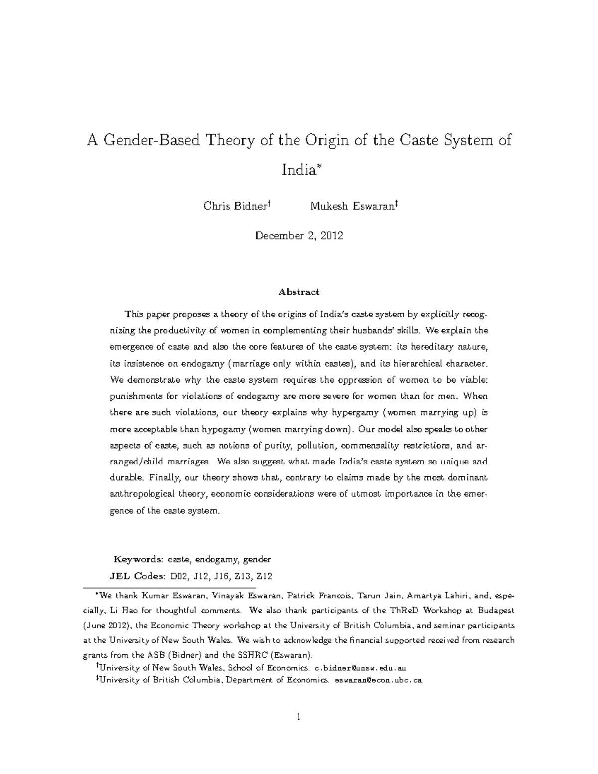 A gender based theory of the origin of the caste system of india - A ...