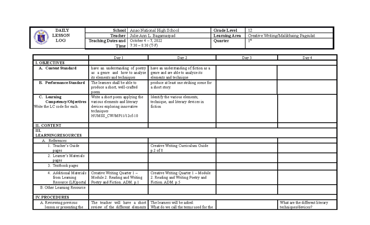 CW Dll Q1 CW MP11 12-Ig-i-11 - DAILY LESSON LOG School Anao National ...