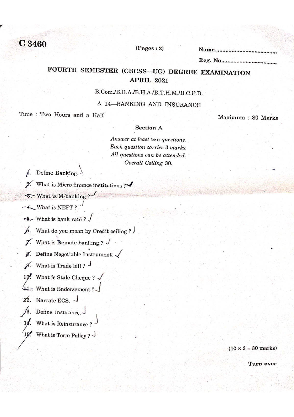 Calicut University B. com & BBA Fourth Semester Banking and Insurance