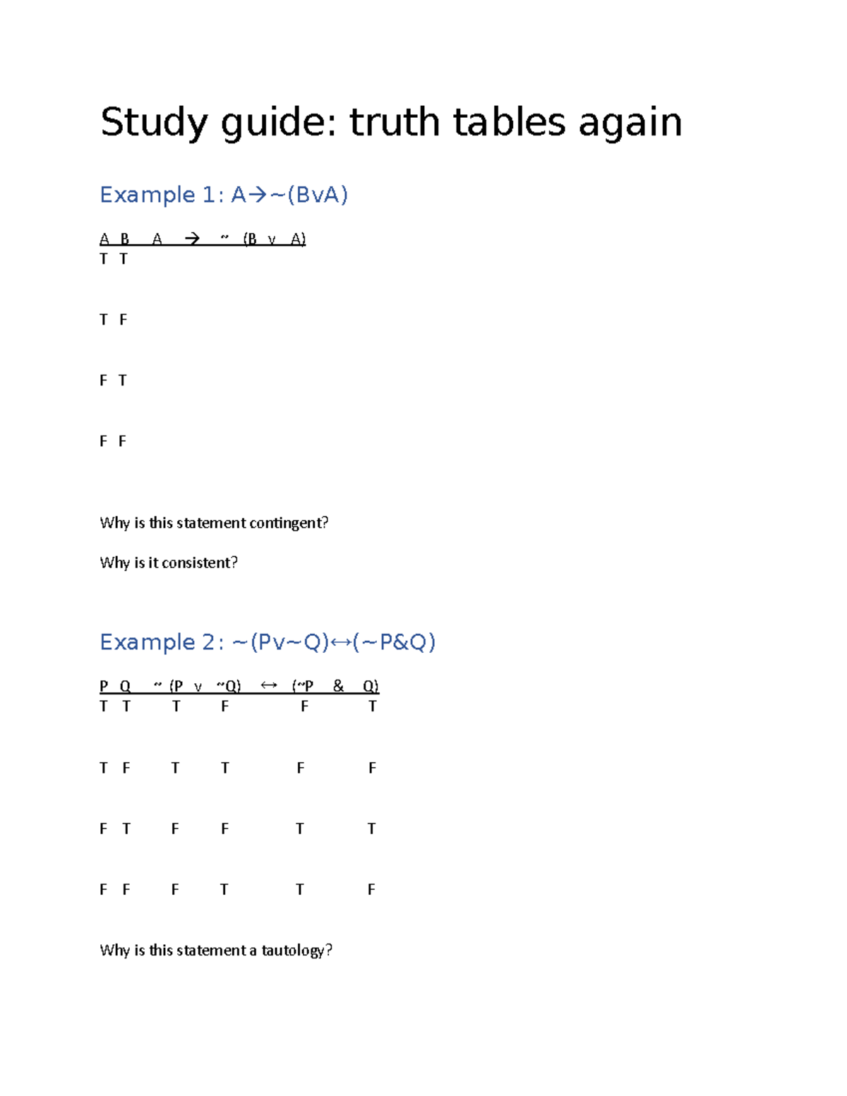 Study guide Truth tables again - PHI 103 - Study guide: truth tables ...