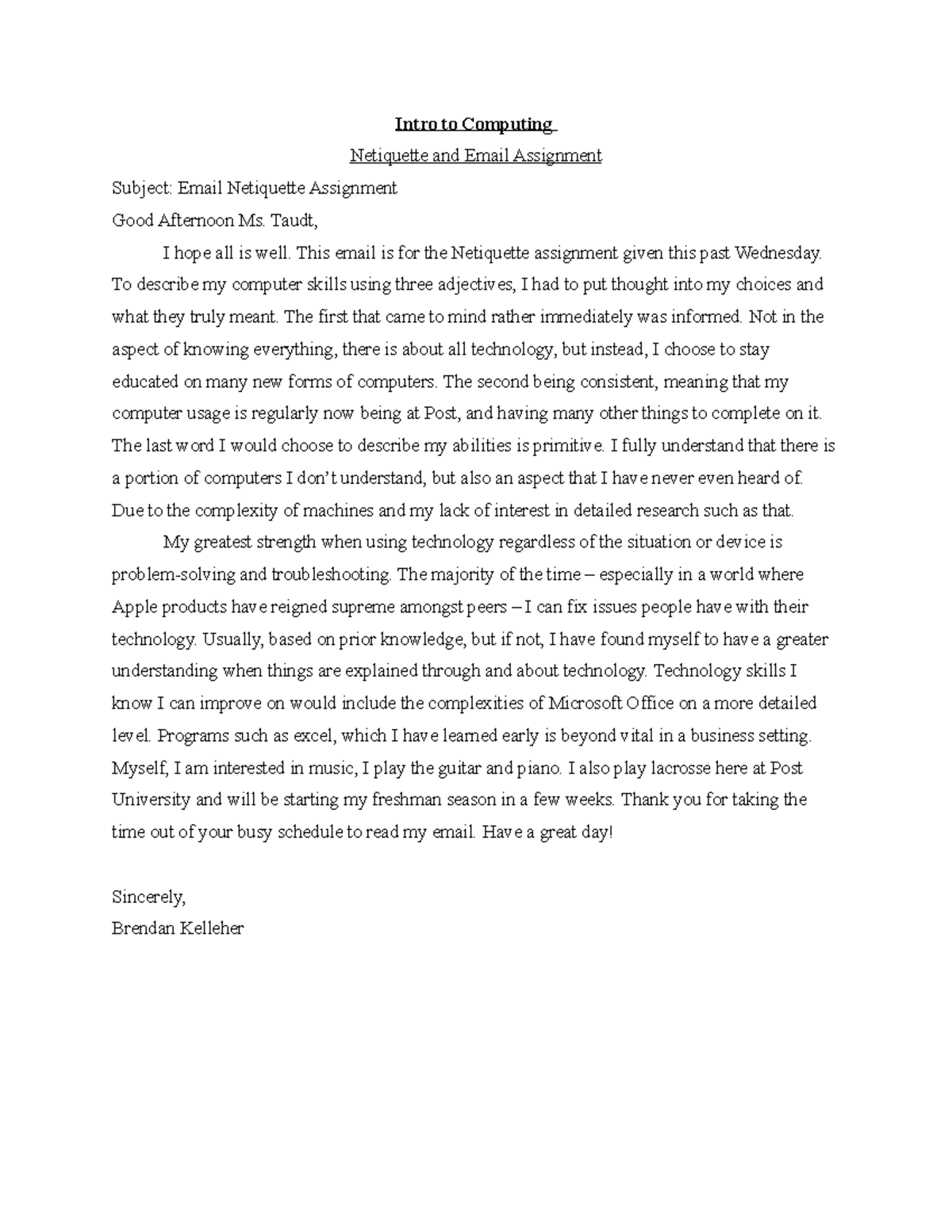 Netiquette Assignment Intro to Computing Netiquette and Email