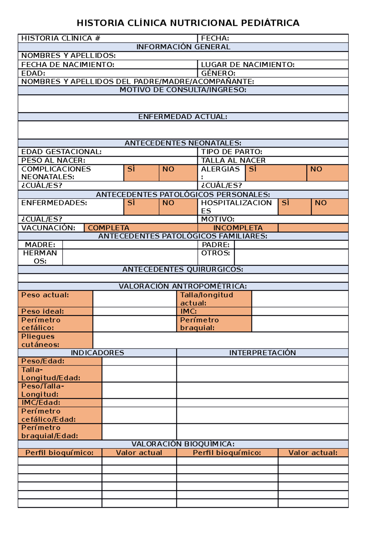 Formato De Historia Clínica Nutricional Pediátrica Historia ClÍnica Nutricional PediÁtrica 8216