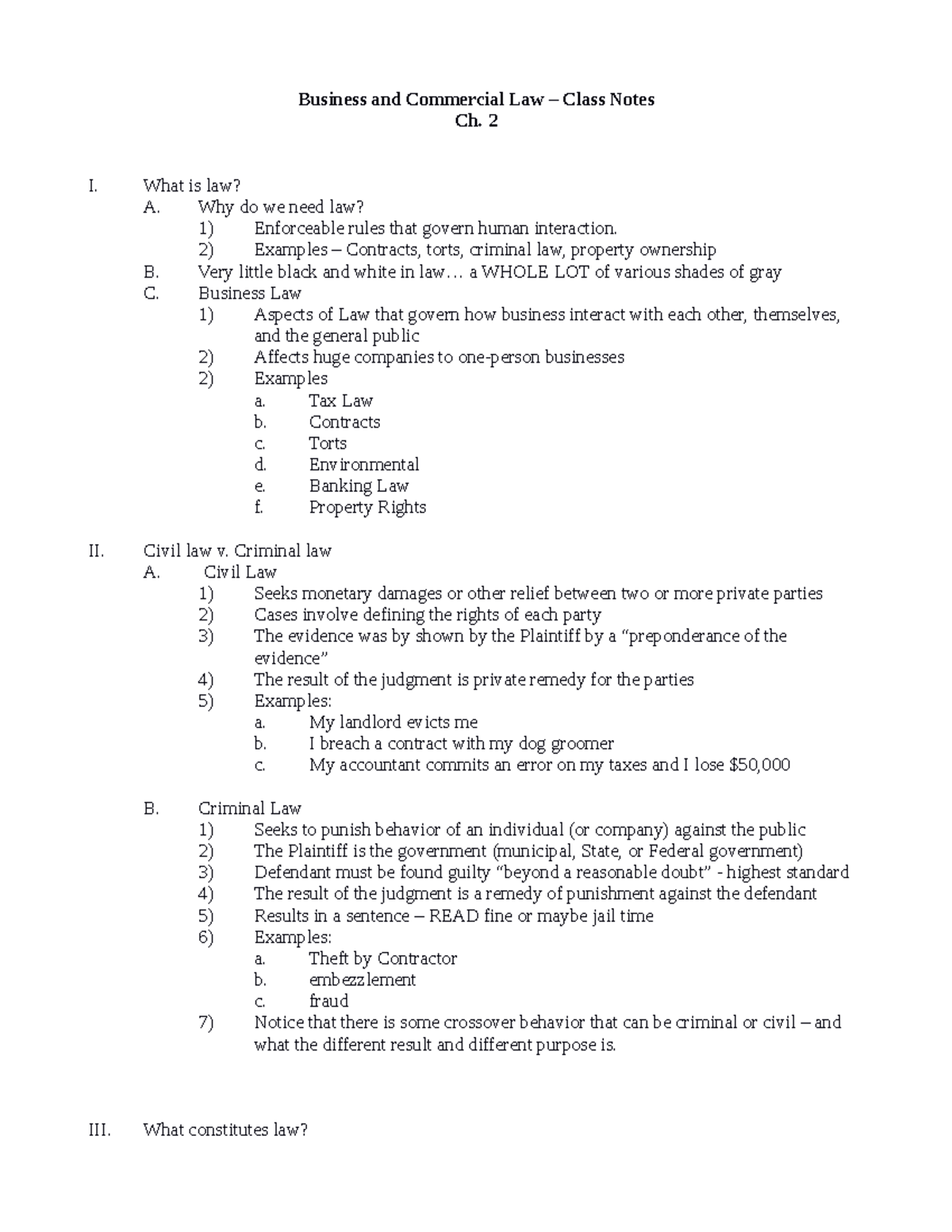 Ch 2 - Ch 2 notes - Business and Commercial Law – Class Notes Ch. 2 I ...