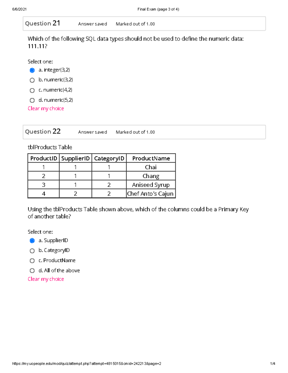 Final Exam (page 3 Of 4) - Question 21 Answer Saved Marked Out Of 1 ...