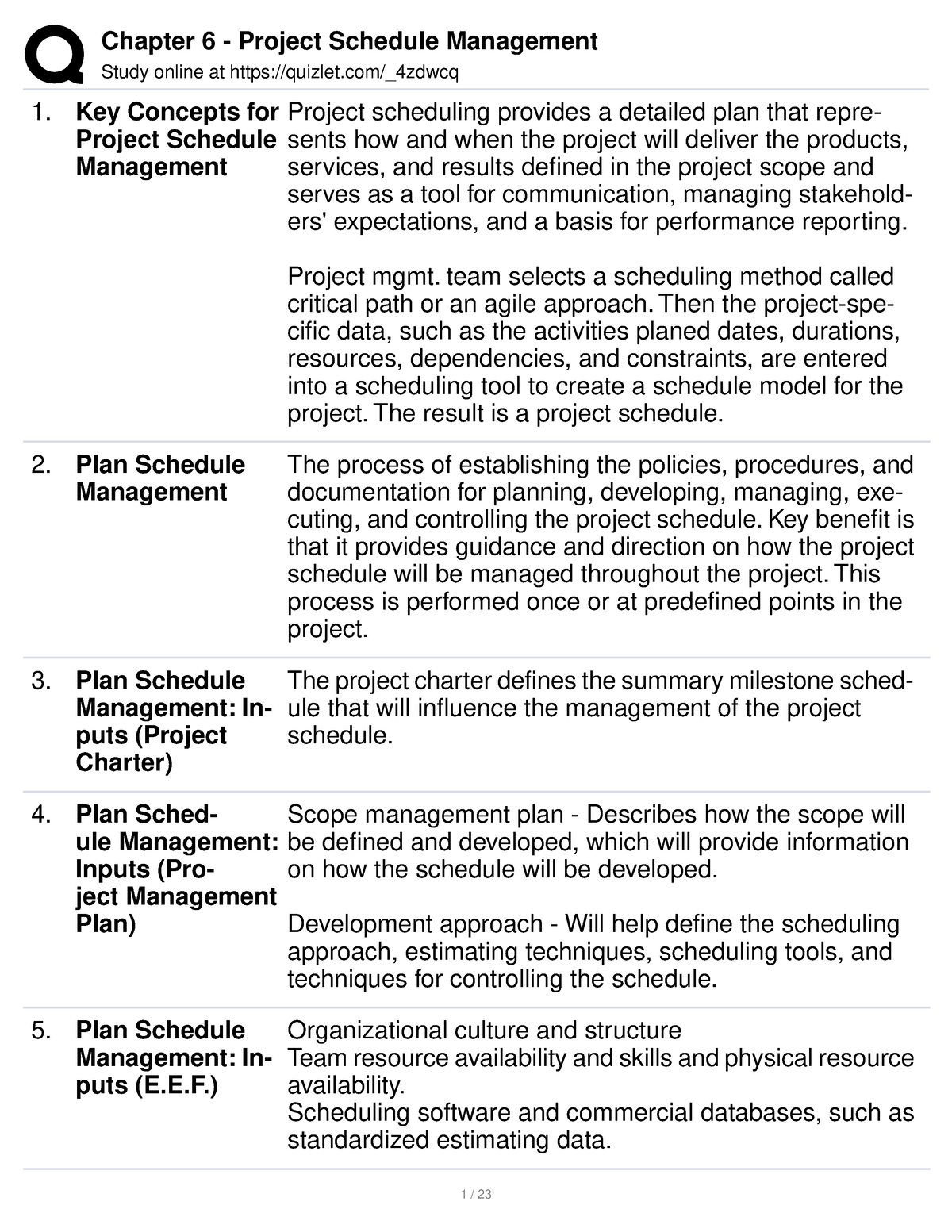 Chapter 6 - Project Schedule Management - Study Online At Quizlet ...