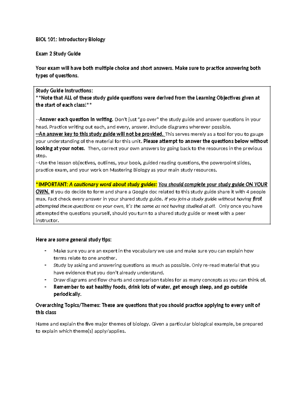 Exam 2 Study Guide - BIOL 101: Introductory Biology Exam 2 Study Guide ...