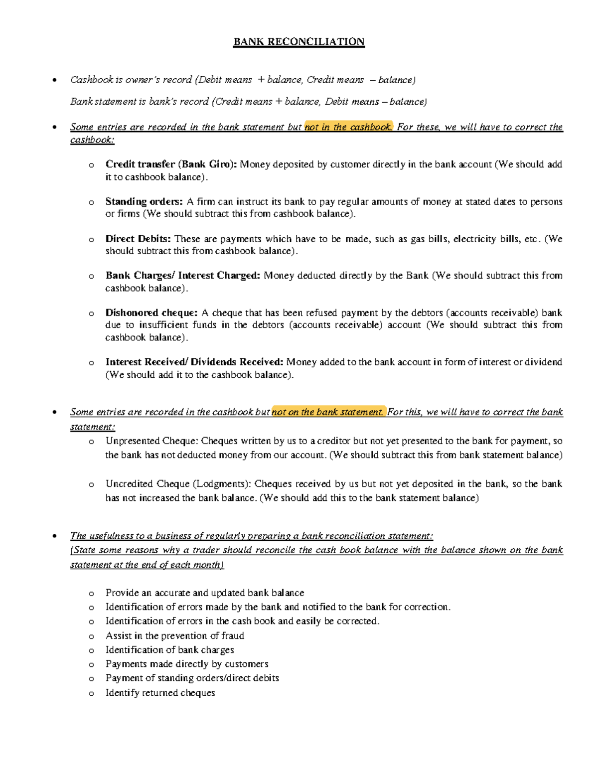 BANK Reconciliation Note - BANK RECONCILIATION Cashbook is owner’s ...