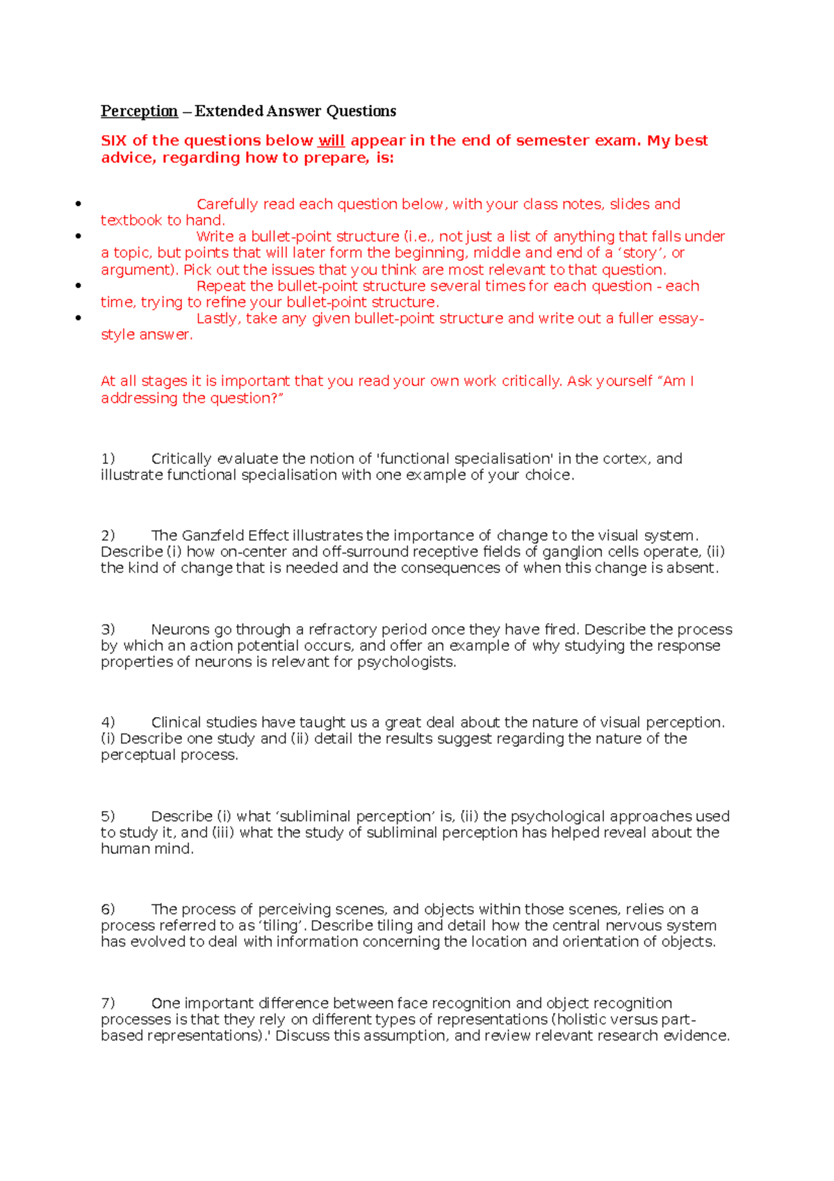 Exam Preperation Questions - Perception Extended Answer Questions SIX ...