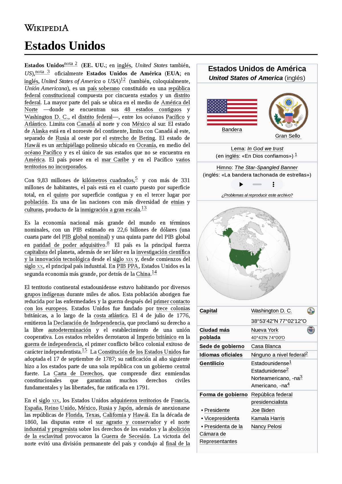 Estados Unidos - C. 38°532423N 77°022123O Ciudad más poblada Nueva York  40°432N 74°002O Sede de - Studocu