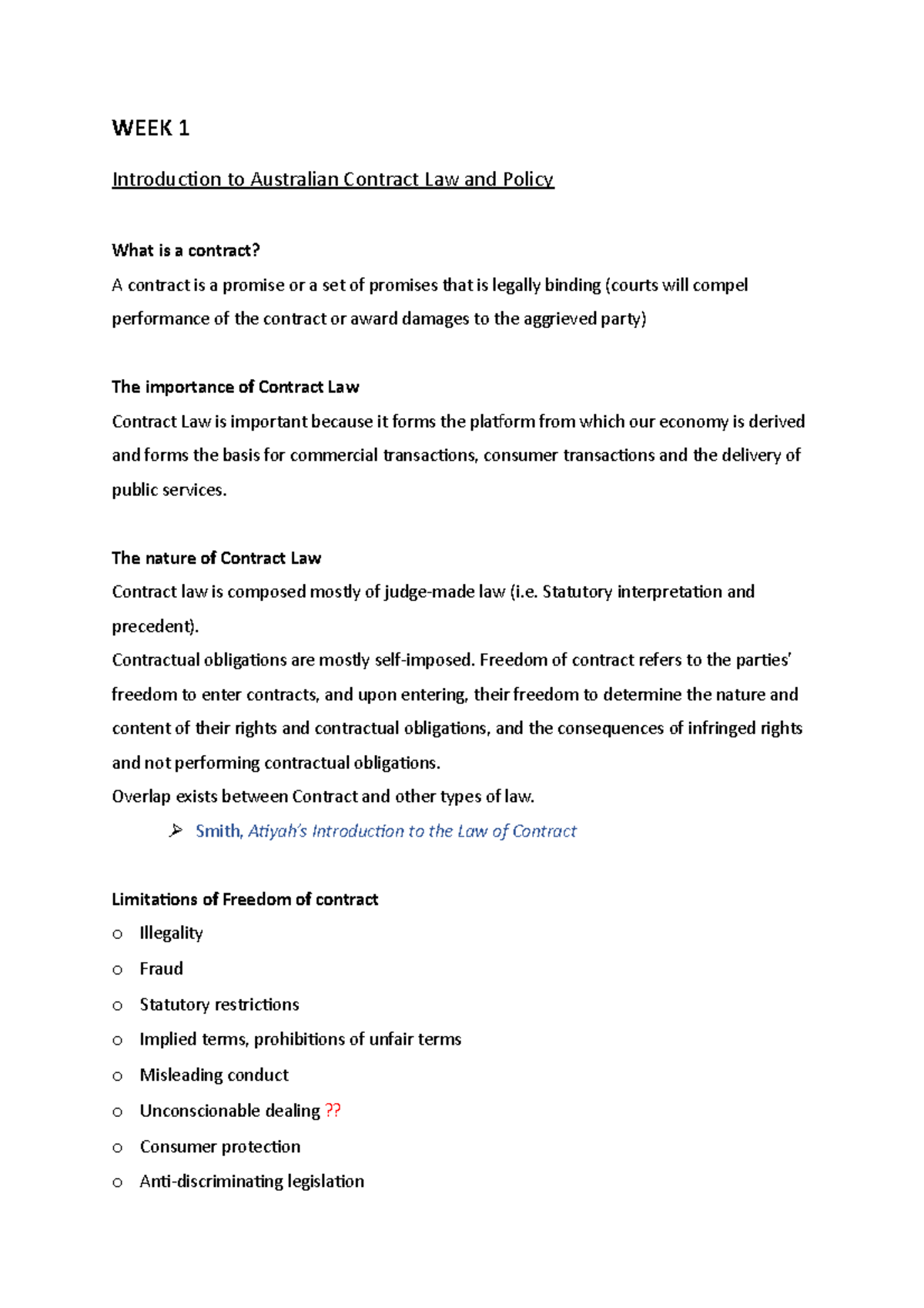 Contract Week 1 Notes - WEEK 1 Introduction to Australian Contract Law ...
