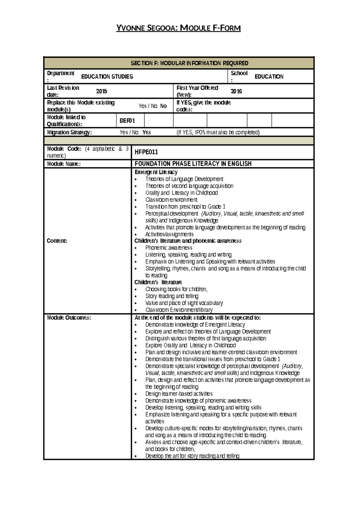 HFPE011 Module Outline - YVONNE SEGOOA: MODULE F-FORM SECTION F ...