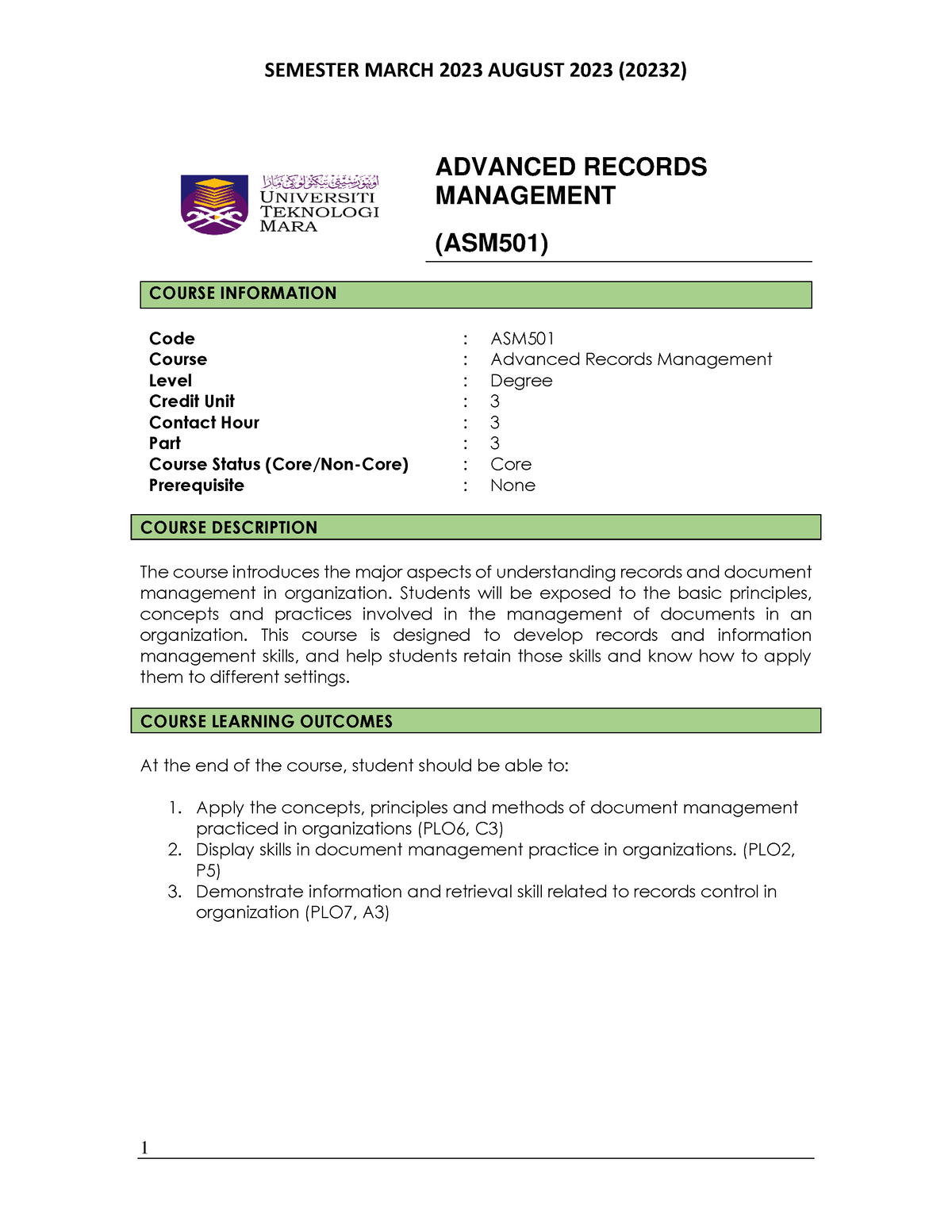 ASM501 Lesson PLAN 20232 - ADVANCED RECORDS MANAGEMENT (ASM501) COURSE ...