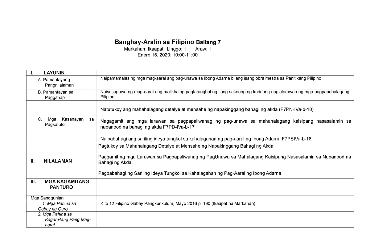 Bhem - Salamat Po - Banghay-Aralin Sa Filipino Baitang 7 Markahan ...