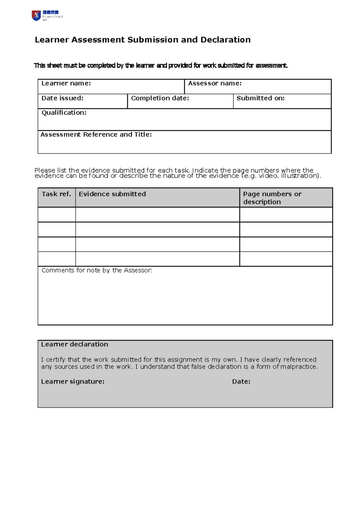 Learner Assessment Submission and Declaration - Copy - Learner ...