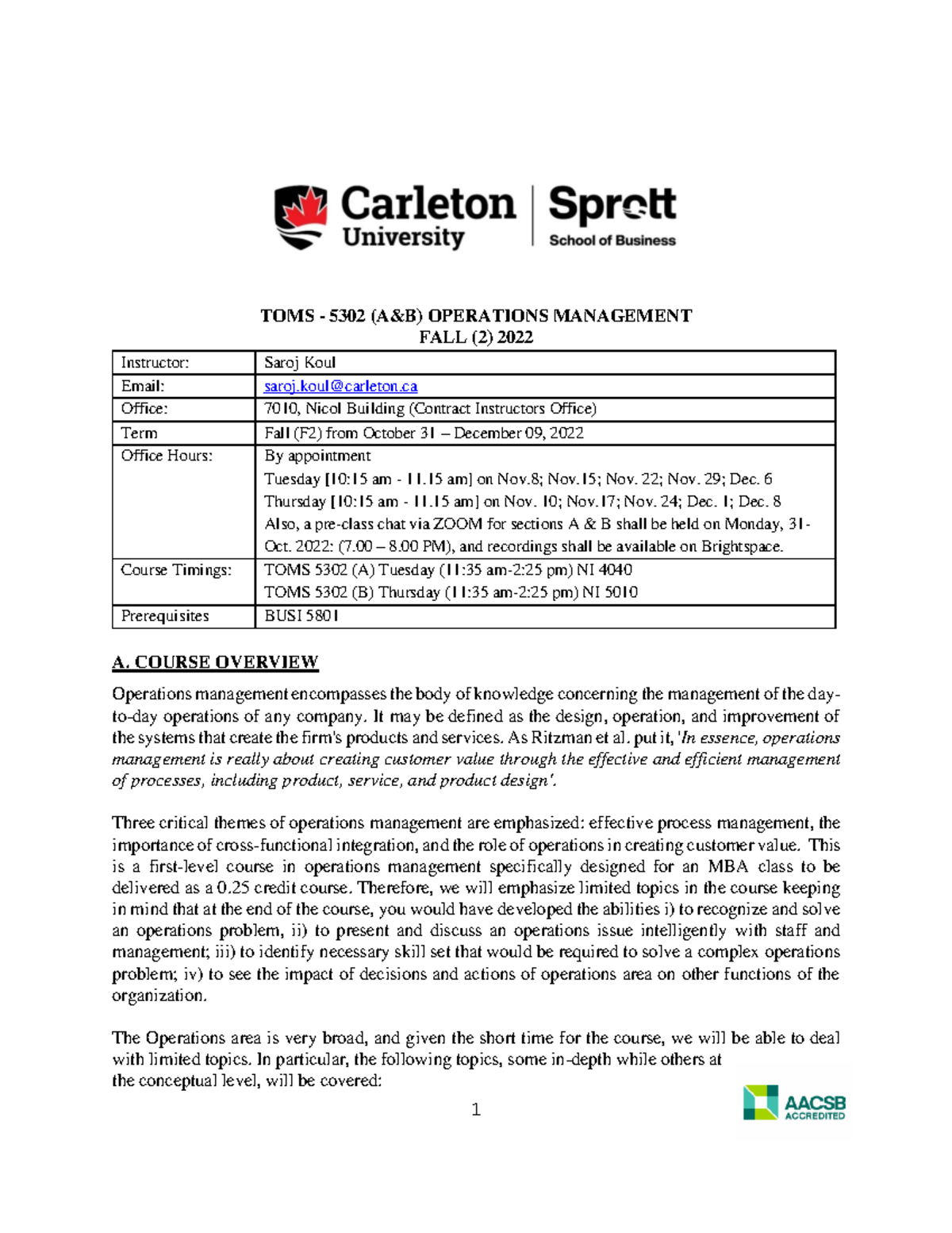 TOMS5302AB F222 Saroj Koul TOMS 5302 (A&B) OPERATIONS MANAGEMENT FALL (2) 2022 Studocu