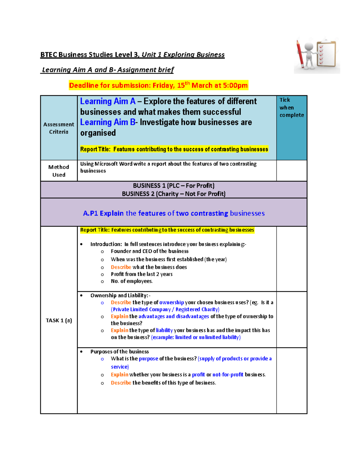 6. Helpsheet - Assignment 1 LA.A-B - BTEC Business Studies Level 3 ...