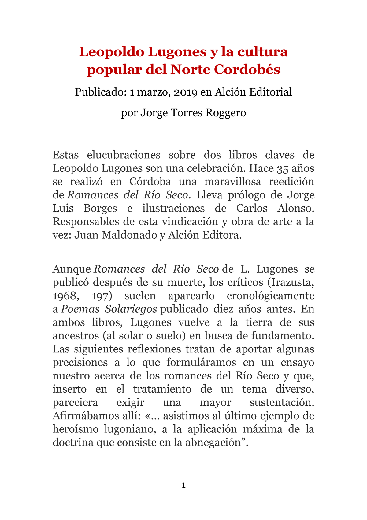 Leopoldo Lugones Y La Cultura Popular Del Norte Cordobés - Leopoldo ...