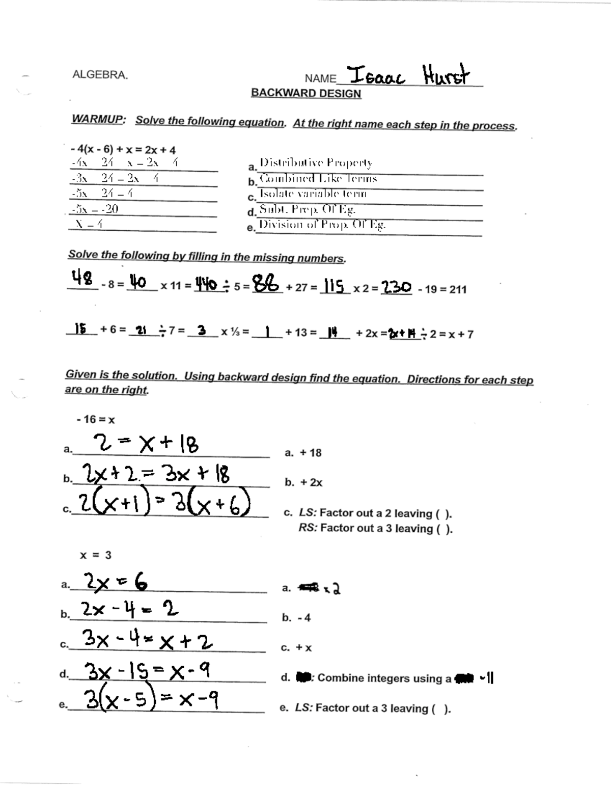 Algebra Backward Design Worksheet - MATH 452 - 4 x + 24 + x = 2 x + 4 ...