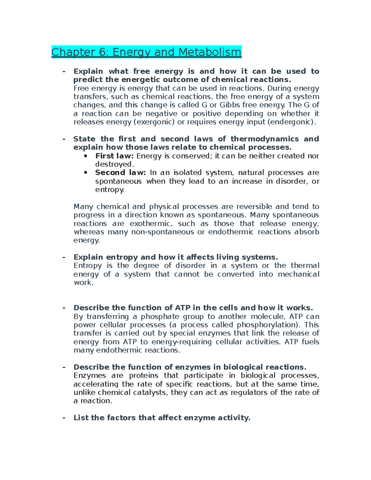 Study Guide 2 - Chapter 6: Energy And Metabolism Explain What Free ...