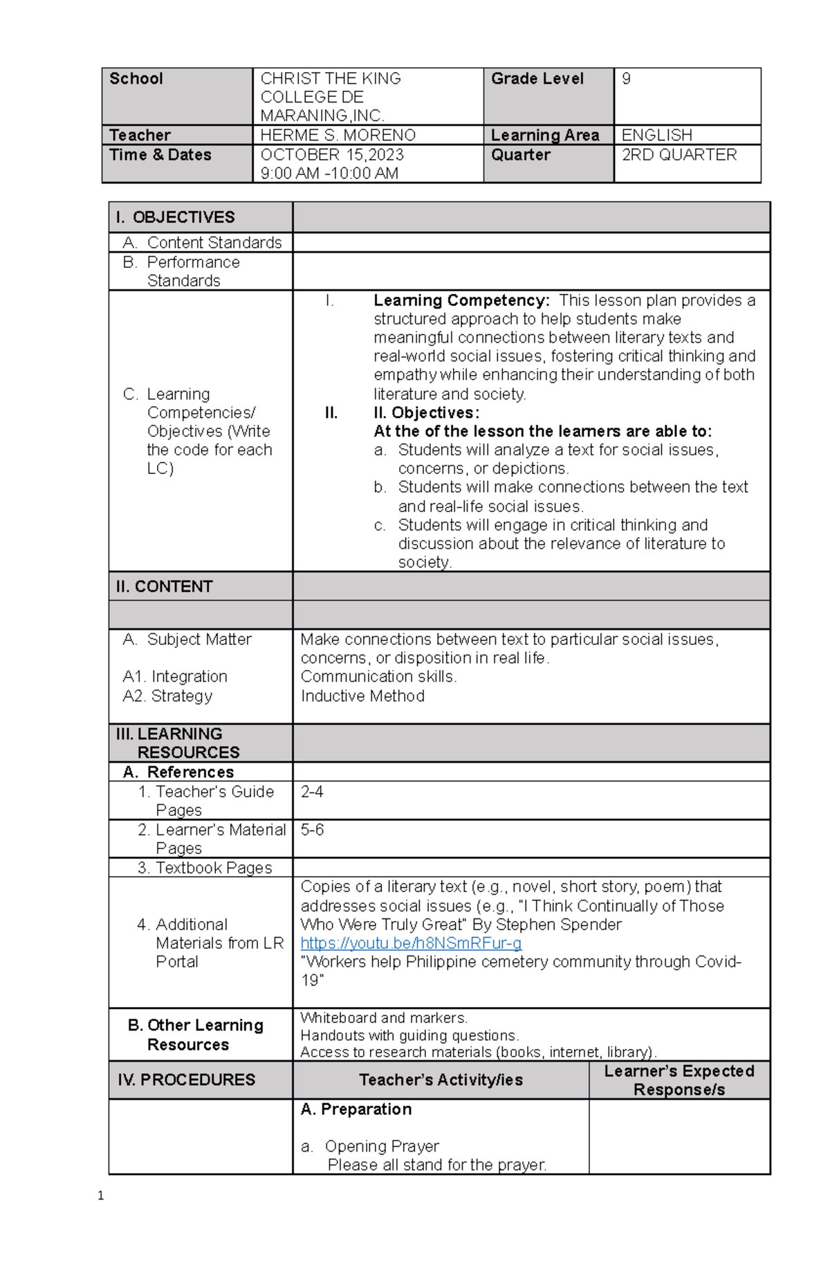 Formal Deped Lesson Plan. Morno - School Christ The King College De 