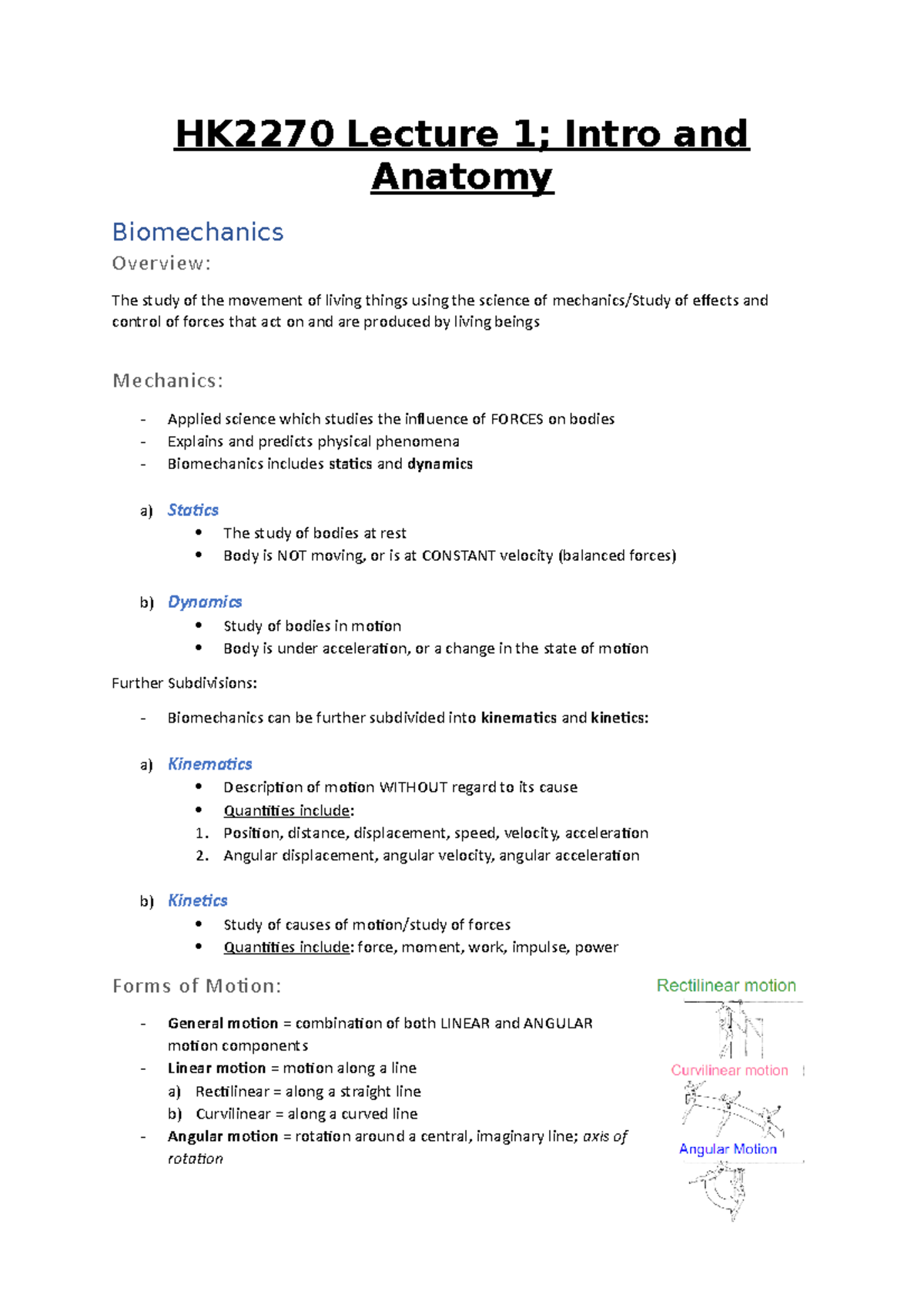 Lecture 1; Intro And Anatomy - HK2270 Lecture 1; Intro And Anatomy ...