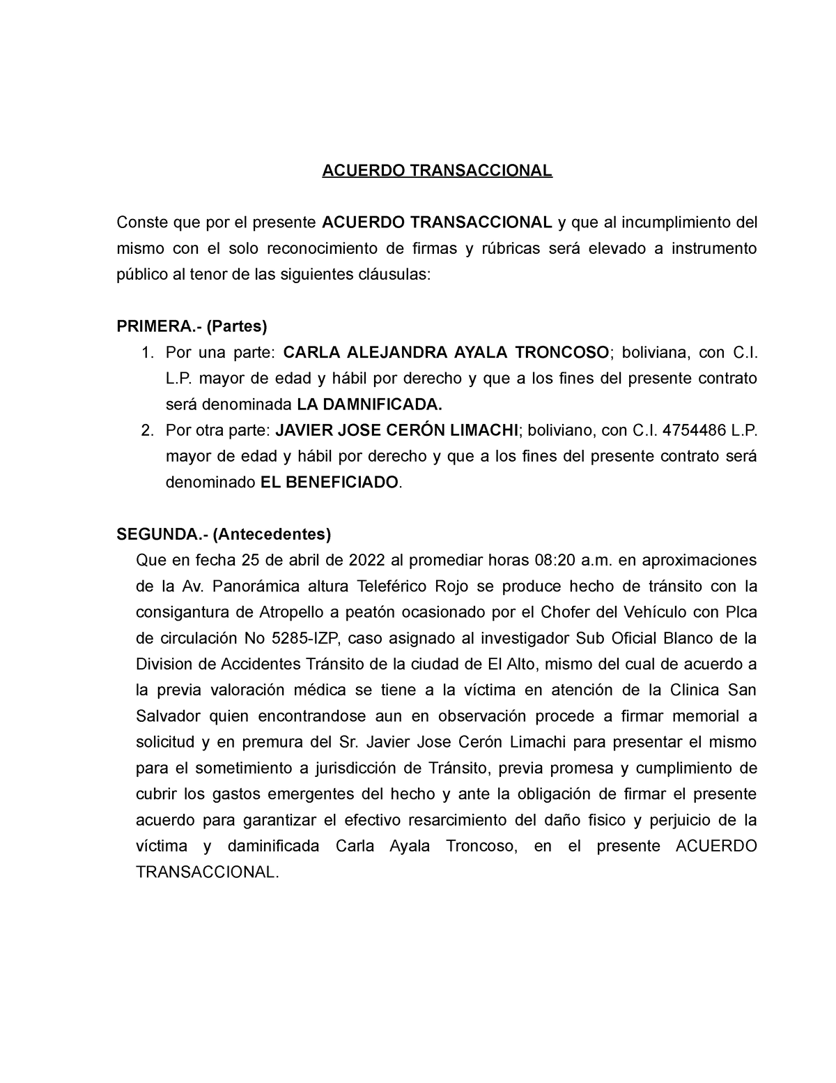 Acuerdo Carla - ACUERDO TRANSACCIONAL Conste Que Por El Presente ...