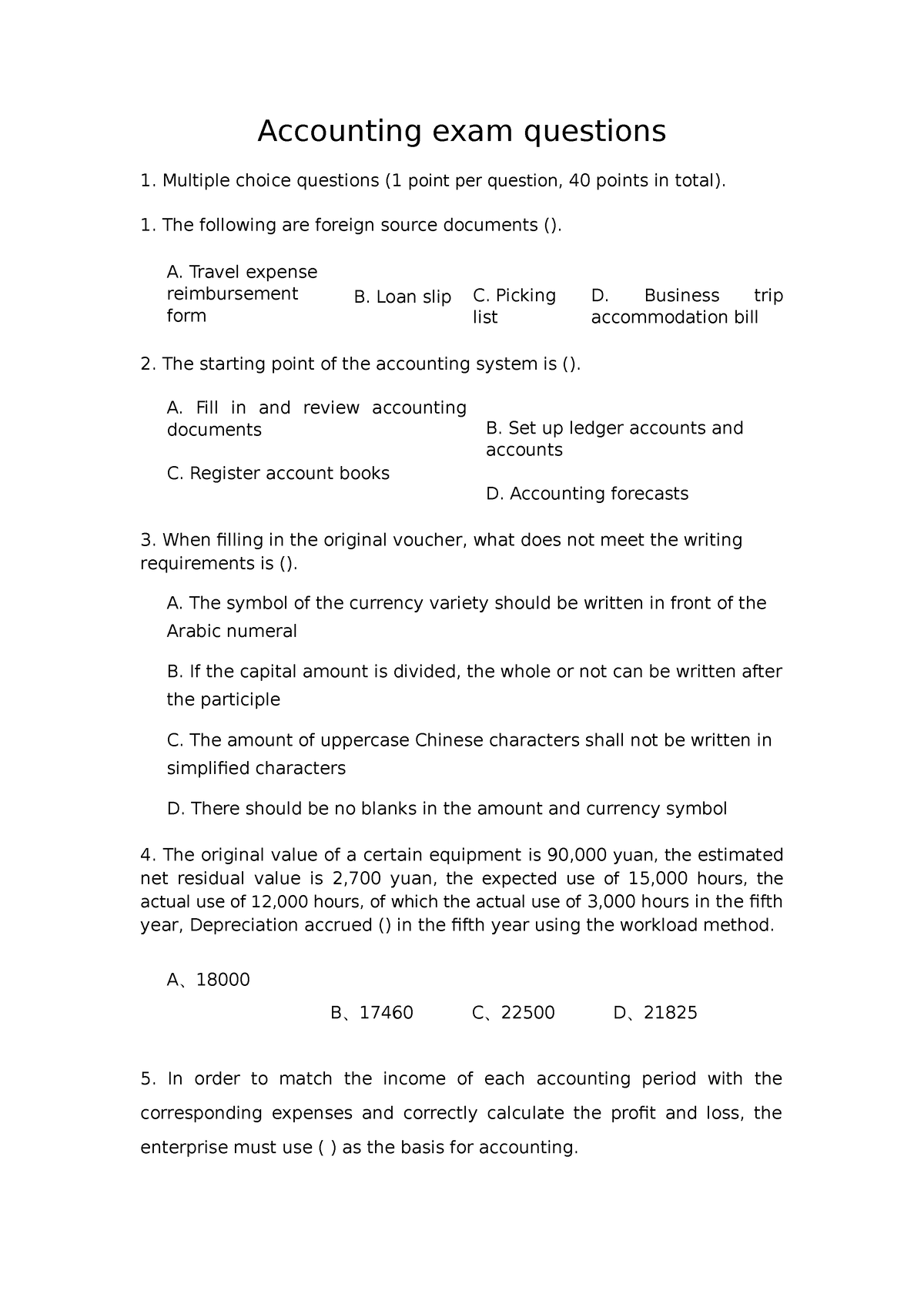 Accounting Exam Questions - Accounting Exam Questions Multiple Choice ...