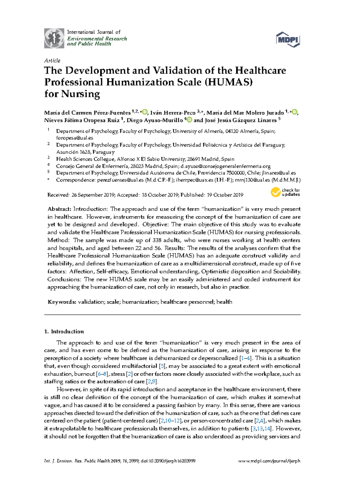 El desarrollo y validación de la escala de humanización del profesional ...
