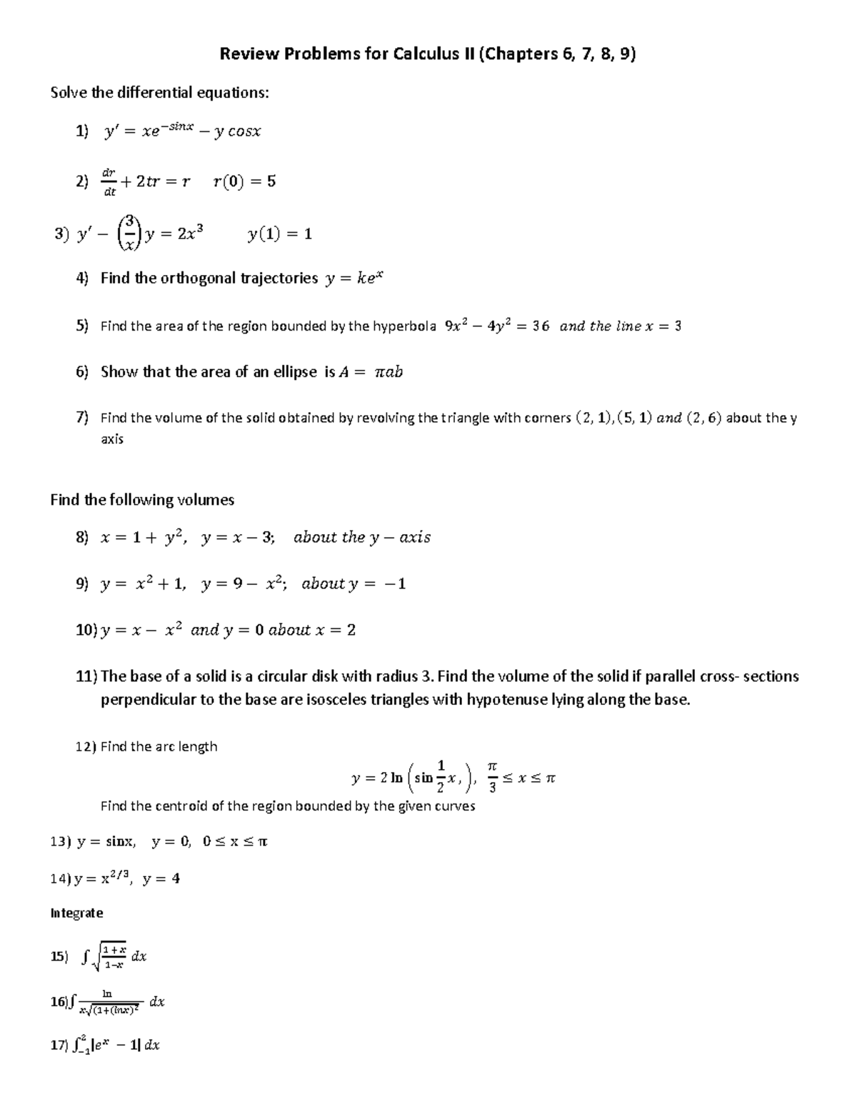 Review Problems for Calculus II-3 - Find the volume of the solid if ...