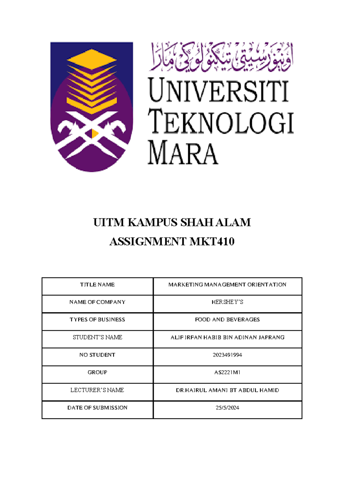 contoh assignment mkt 420 uitm