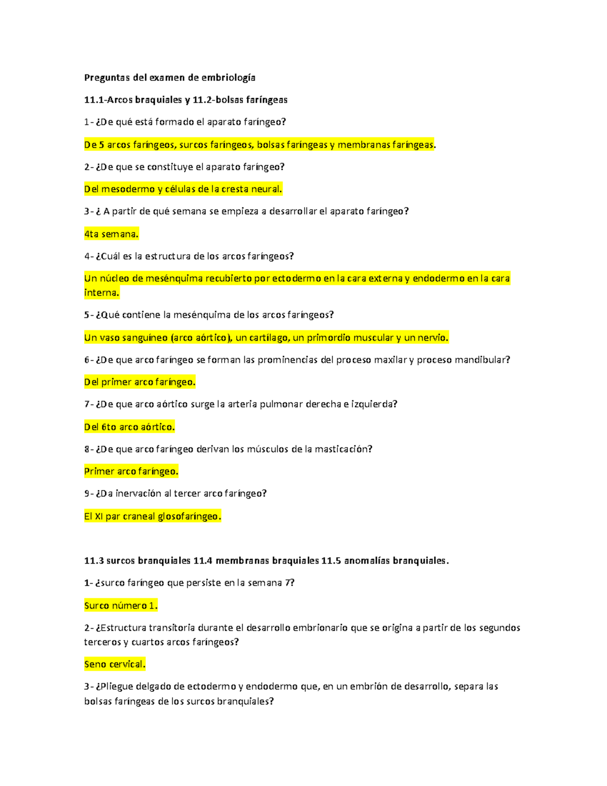 Preguntas Parcial Embrio - Preguntas Del Examen De EmbriologÌa 11-arcos 