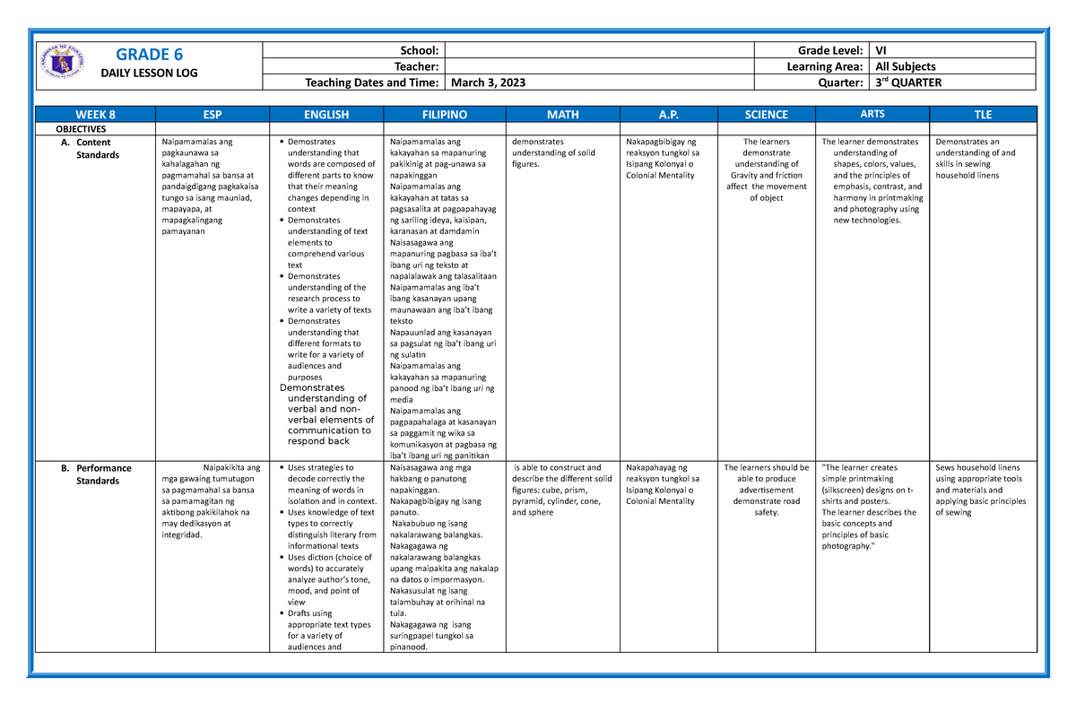 DLL G6 Q3 WEEK3 Day 2 - Sample Lp - GRADE 6 DAILY LESSON LOG School ...