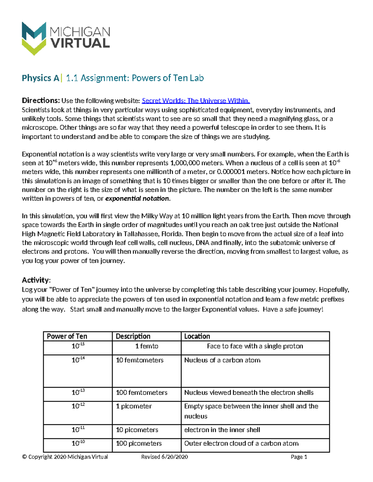 1 1 Powers of 10 2023 (1) (1) - Physics A| 1 Assignment: Powers of Ten ...