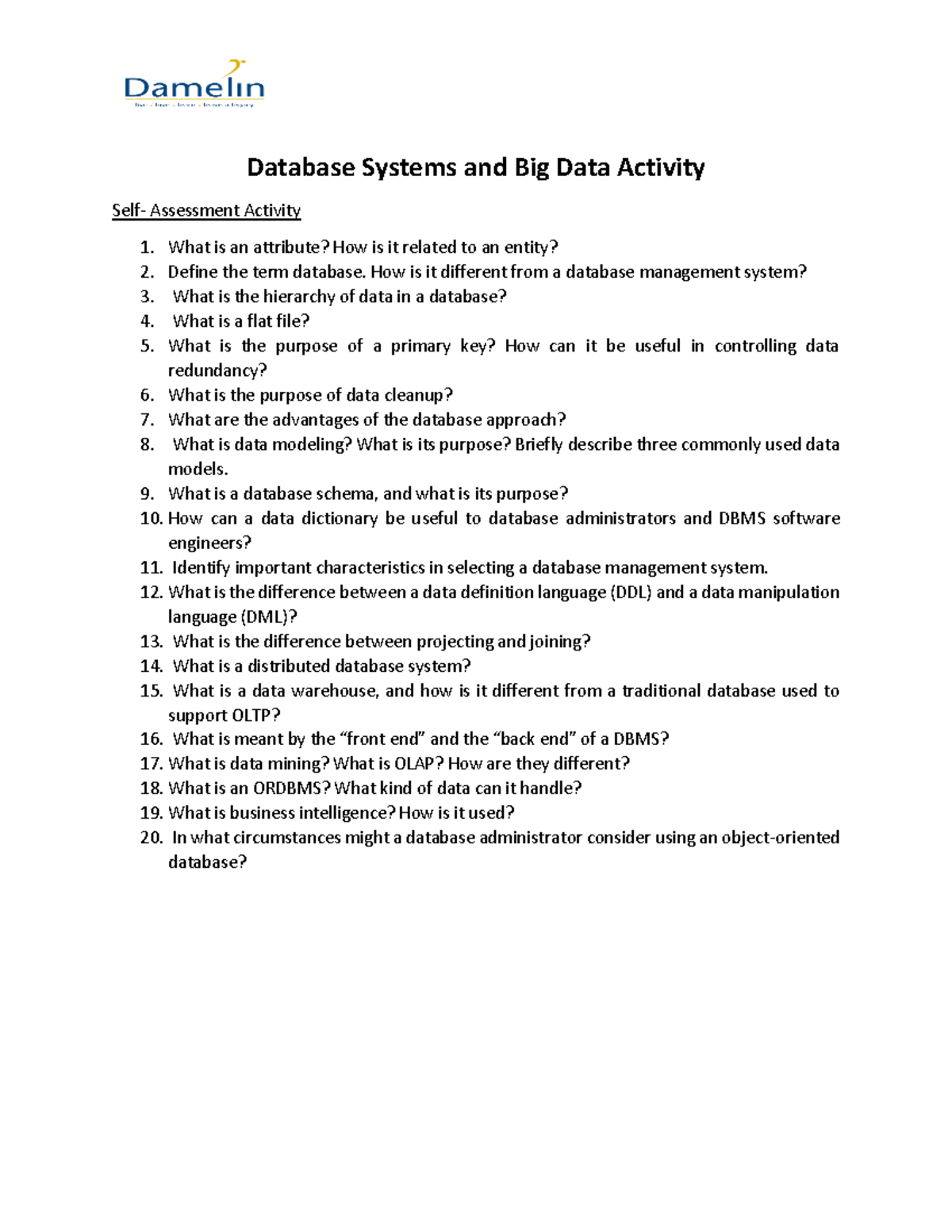 Database Systems and Big Data Week 9Activity AR - Database Systems and ...