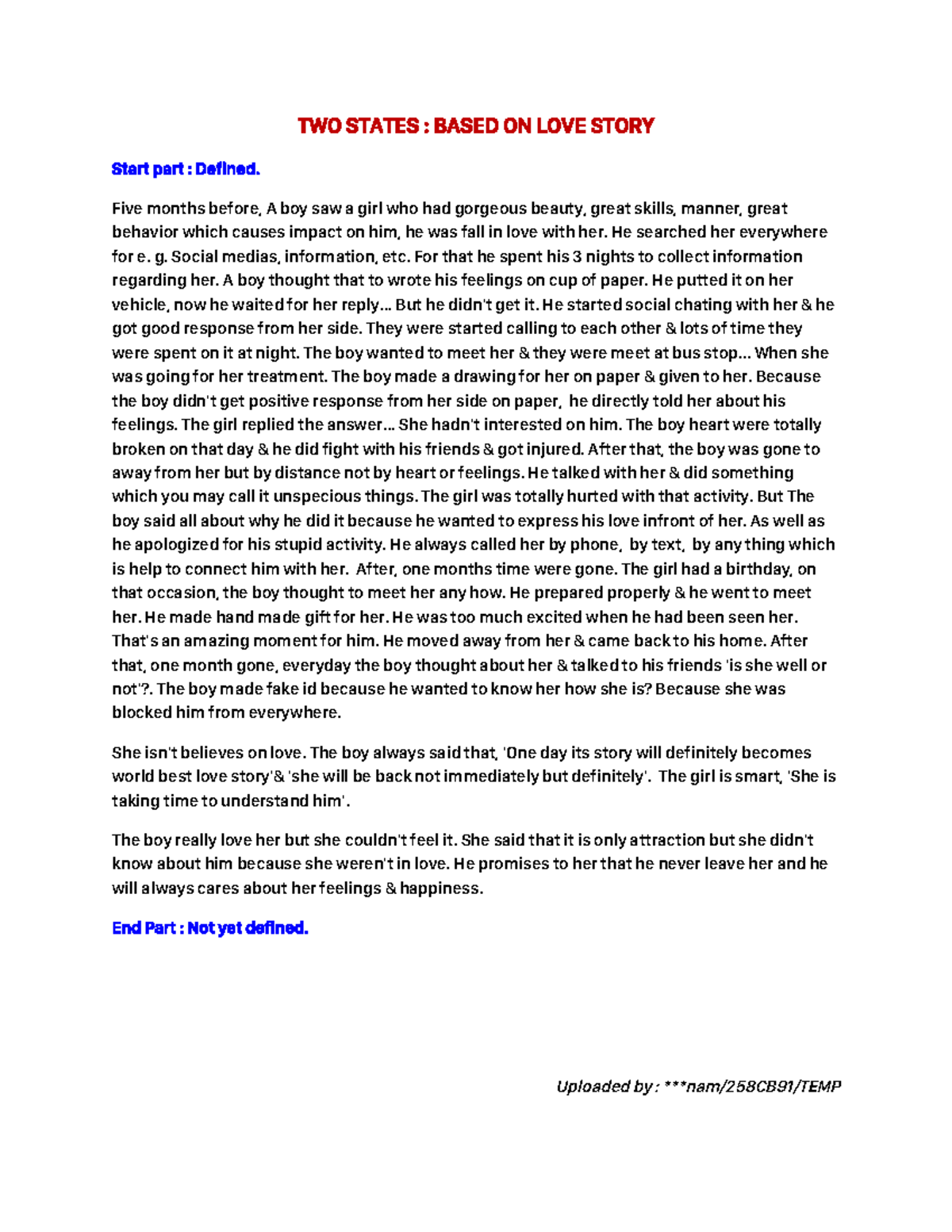 TWO States - TWOSTATES:BASEDONLOVESTORY Startpart:Defined. - Studocu