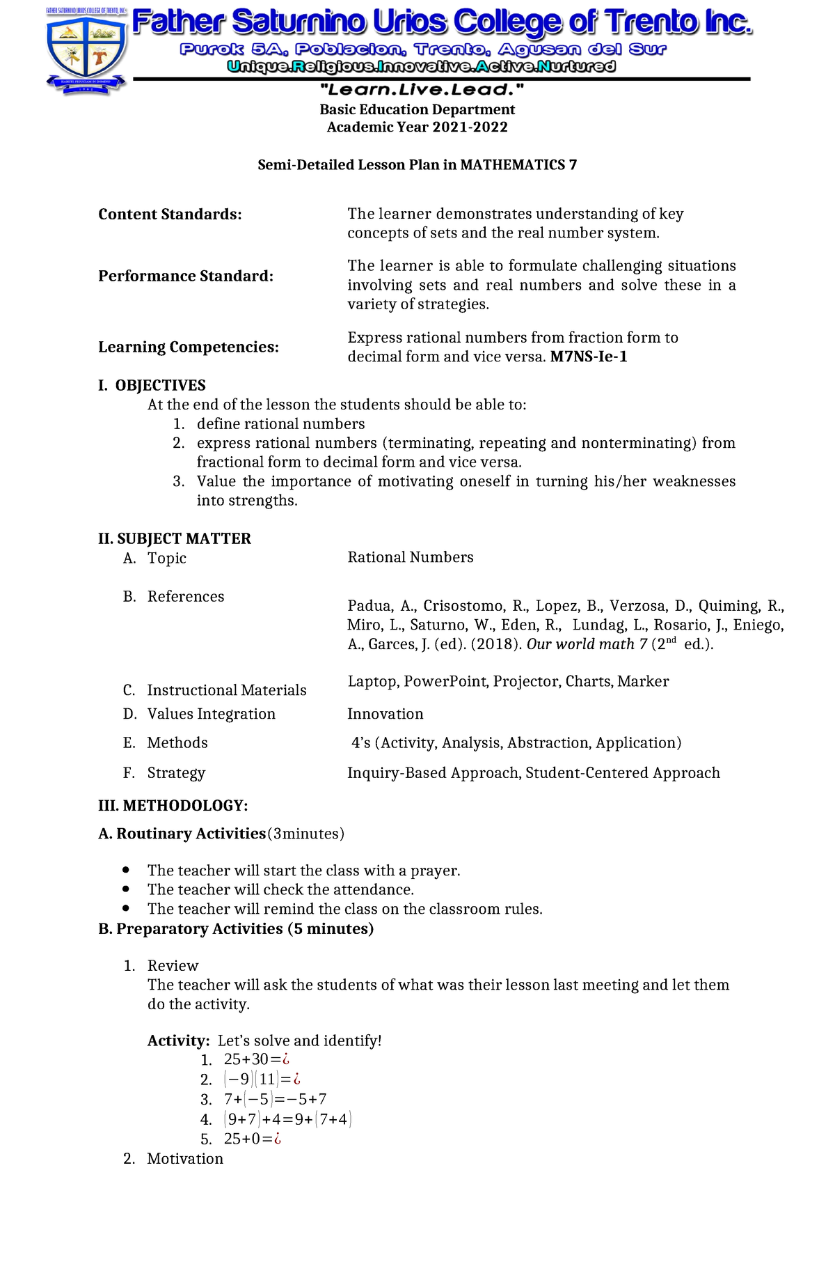 Observation LP - Lesson Plan - Basic Education Department Academic Year ...