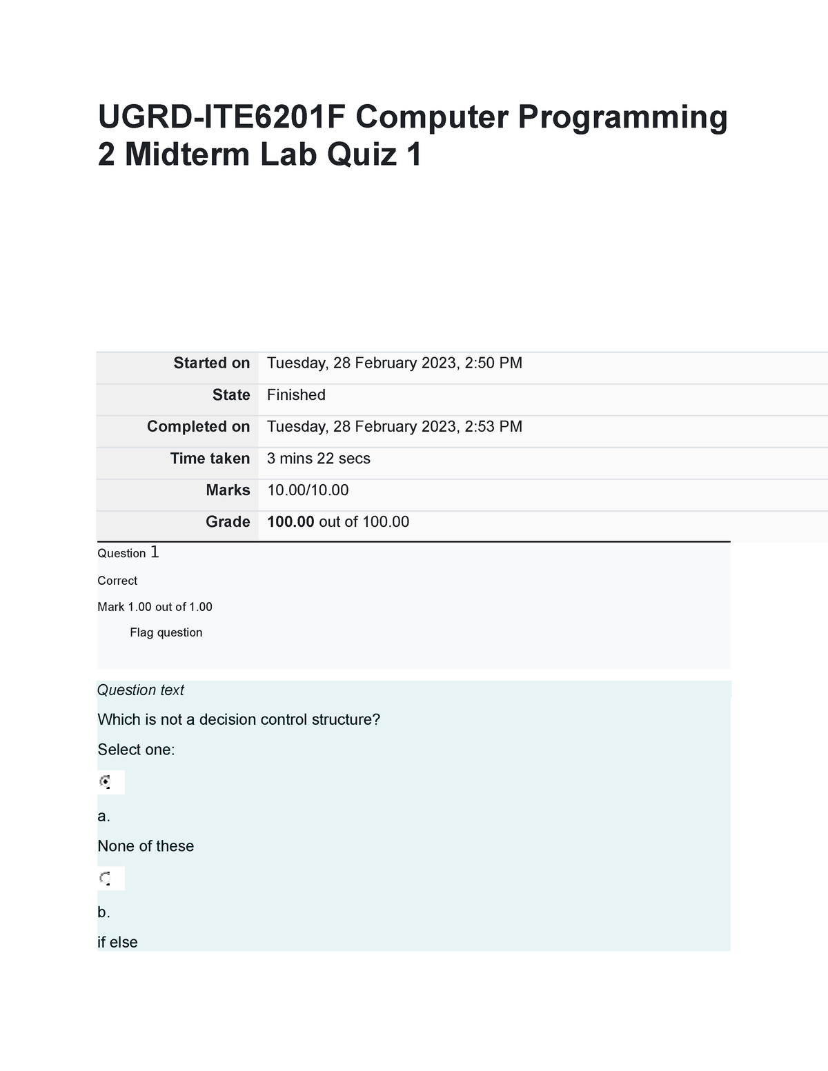 UGRD-ITE6201F Computer Programming 2 Midterm Lab Quiz 1 - Grade 100 Out ...